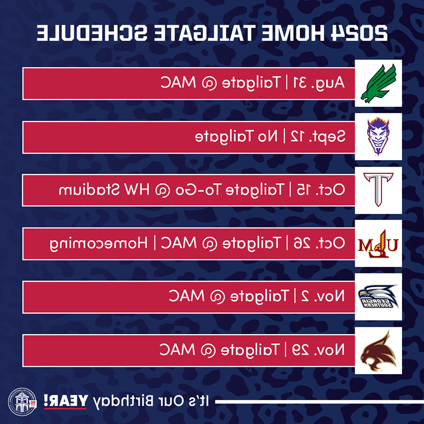 2024 Tailgate Schedule - Aug 31 Tailgate at MAC, Sept 12 No Tailgate, Oct 15 Tailgate at HW Stadium, Oct 26 Tailgate at MAC, Nov 2 Tailgate at MAC, and Nov 29 Tailgate at MAC